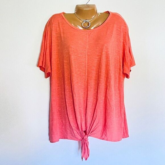 NWT New Directions 2X Orange Coral Pink Short Sleeve Burnout Front Tie Knot Top - Picture 1 of 12